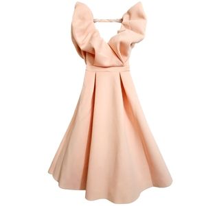 ASOS Design Peach Ehagerated Bubble Sleeve Bodice Ruffle Midi Scuba Knit Dress